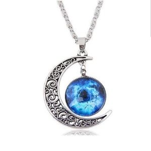 Blue Crescent Moon Cabochon Necklace